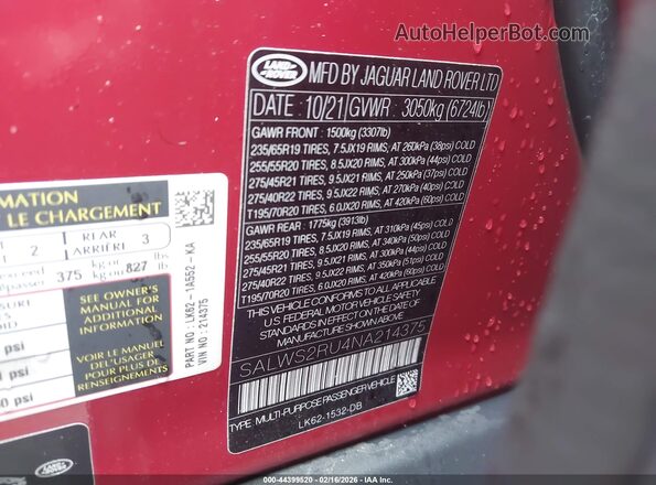 SALWS2RU4NA214375 2022 LAND ROVER RANGE ROVER SPORT Red Widok komory silnika