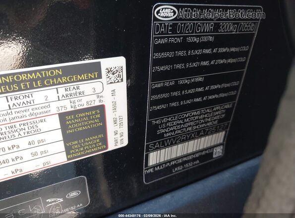 SALWV2RYXLA725127 2020 LAND ROVER RANGE ROVER SPORT Black Vista del compartimento del motor