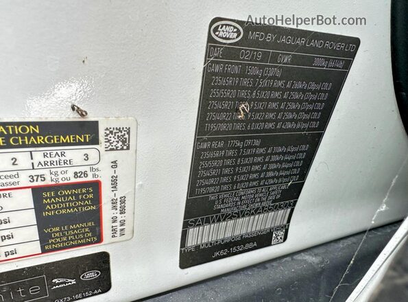 SALWV2SV6KA850303 2019 LAND ROVER RANGE Серебряный 