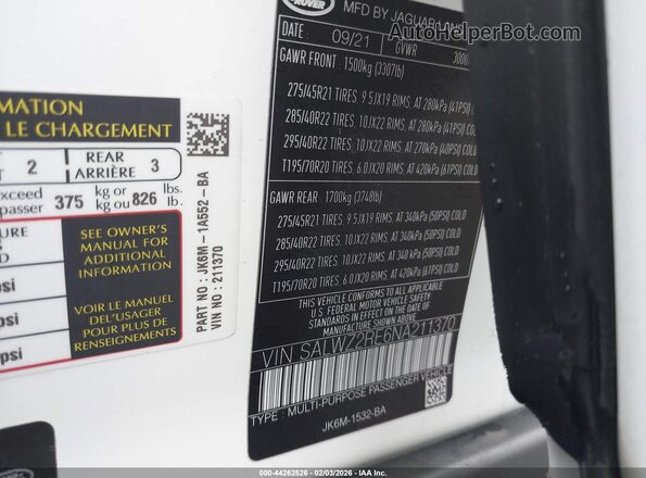 SALWZ2RE6NA211370 2022 LAND ROVER RANGE ROVER SPORT White ძრავის განყოფილების ხედი