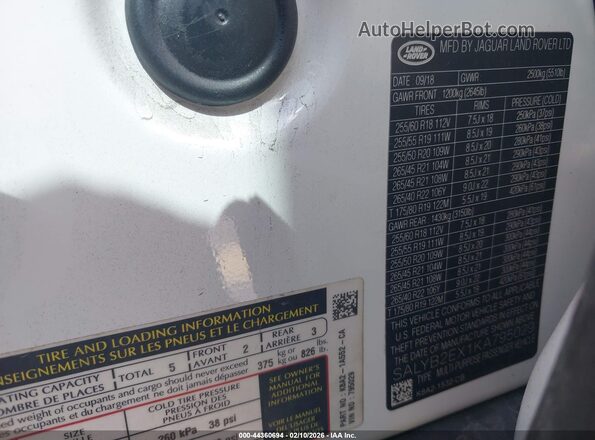 SALYB2EX1KA795029 2019 LAND ROVER RANGE ROVER VELAR White Vista del compartimento del motor