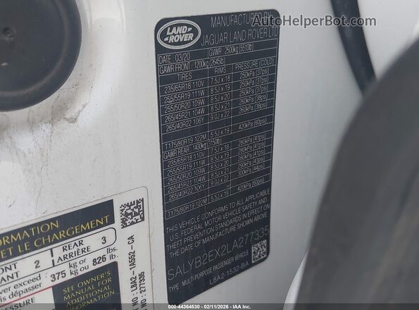 SALYB2EX2LA277335 2020 LAND ROVER RANGE ROVER VELAR Белый Вид подкапотного пространства
