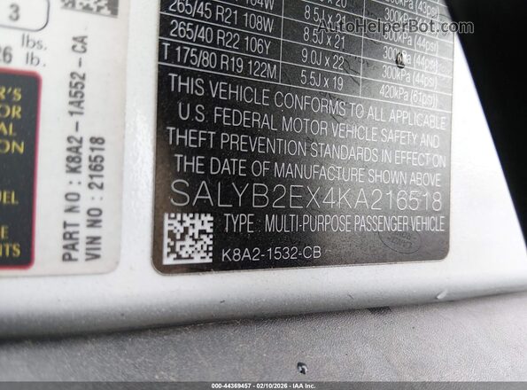 SALYB2EX4KA216518 2019 LAND ROVER RANGE ROVER VELAR White Շարժիչի բաժամունքի տեսք