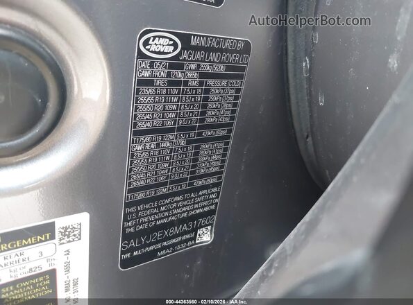 SALYJ2EX8MA317602 2021 LAND ROVER RANGE ROVER VELAR Silver ძრავის განყოფილების ხედი