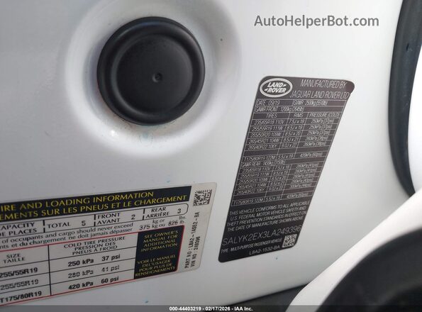 SALYK2EX3LA249396 2020 LAND ROVER RANGE ROVER VELAR White Vista del compartimento del motor