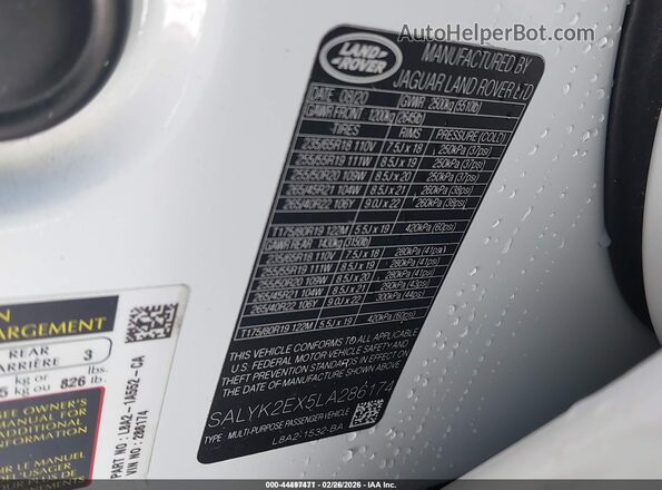 SALYK2EX5LA286174 2020 LAND ROVER RANGE ROVER VELAR White Widok komory silnika