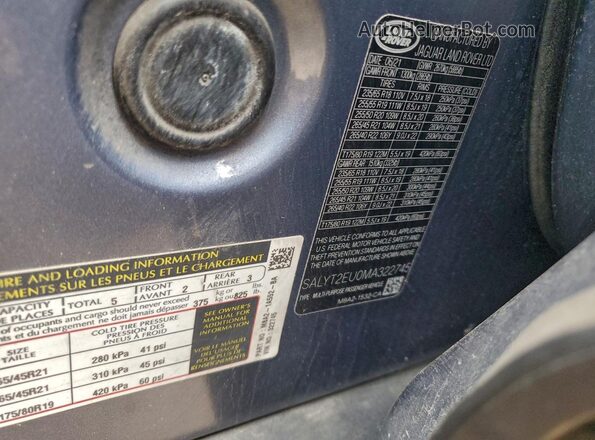 SALYT2EU0MA322745 2021 LAND ROVER RANGE Blue Vista del compartimento del motor