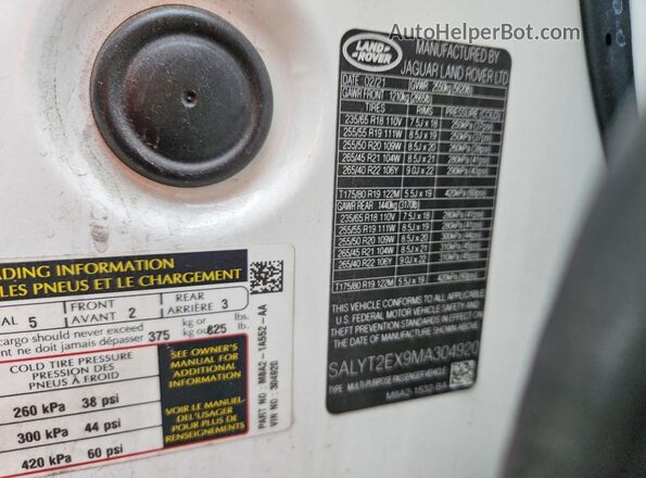 SALYT2EX9MA304920 2021 LAND ROVER RANGE White 