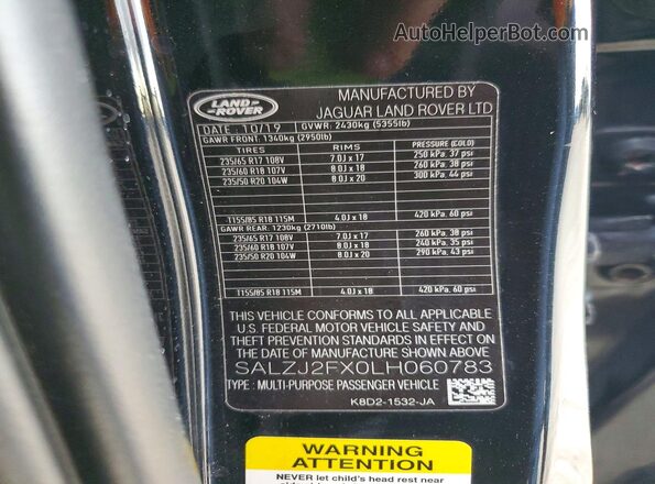 SALZJ2FX0LH060783 2020 LAND ROVER RANGE Black Widok komory silnika