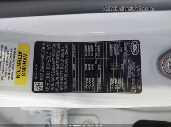 SALZJ2FX0LH060850 2020 LAND ROVER RANGE ROVER EVOQUE White Widok komory silnika