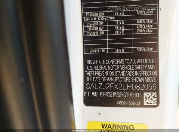 SALZJ2FX2LH082056 2020 LAND ROVER RANGE ROVER EVOQUE White Вид підкапотного простору