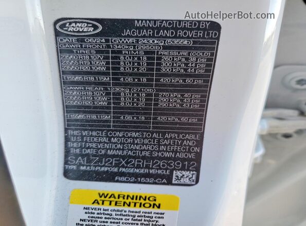 SALZJ2FX2RH263912 2024 LAND ROVER RANGE Белый Панорамный вид салона 360°