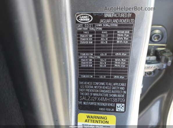 SALZJ2FX4MH138709 2021 LAND ROVER RANGE ROVER EVOQUE Gray Widok komory silnika