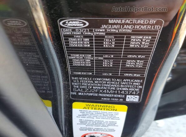 SALZJ2FX4MH143747 2021 LAND ROVER RANGE Black 