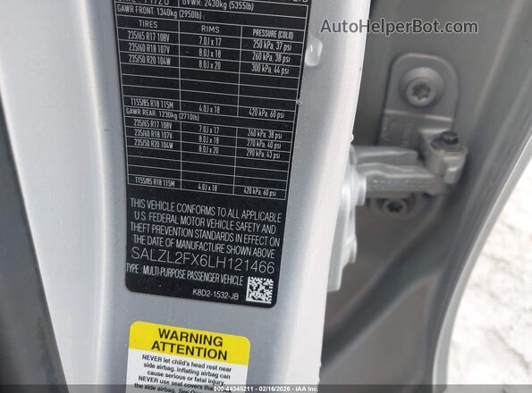 SALZL2FX6LH121466 2020 LAND ROVER RANGE ROVER EVOQUE Gray Вид підкапотного простору