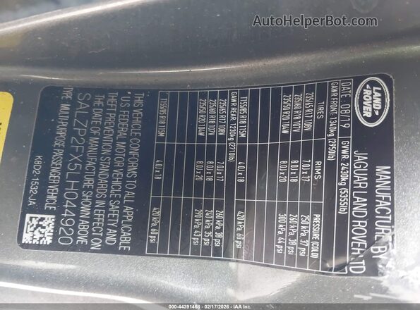 SALZP2FX5LH044920 2020 LAND ROVER RANGE ROVER EVOQUE Gray ძრავის განყოფილების ხედი
