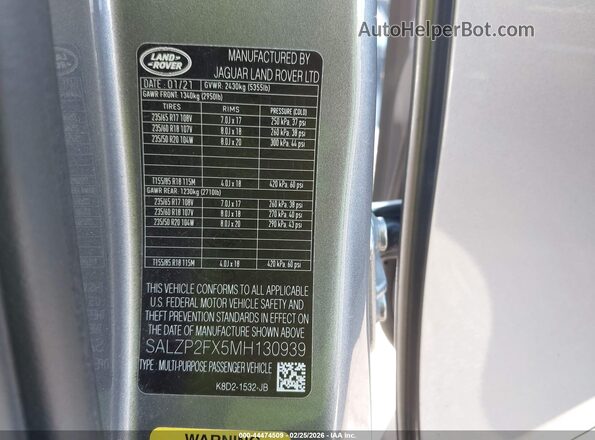 SALZP2FX5MH130939 2021 LAND ROVER RANGE ROVER EVOQUE Gray Вид підкапотного простору