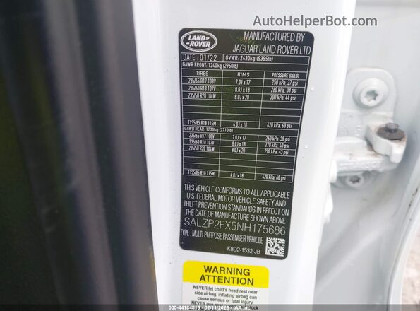 SALZP2FX5NH175686 2022 LAND ROVER RANGE ROVER EVOQUE Белый Вид подкапотного пространства