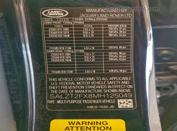 SALZT2FX8MH125049 2021 LAND ROVER RANGE Blue 