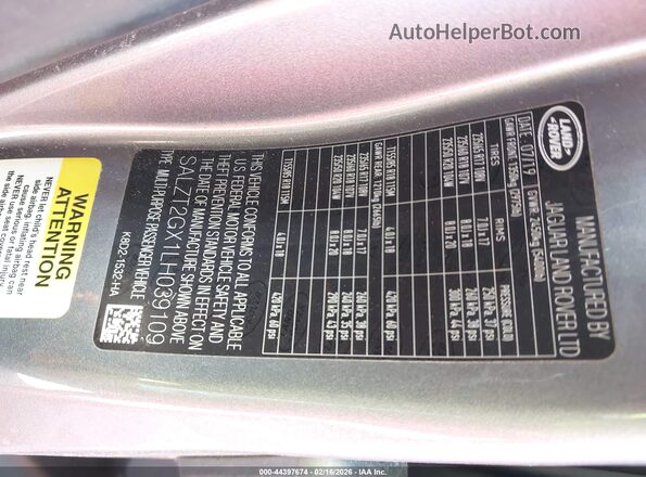 SALZT2GX1LH039109 2020 LAND ROVER RANGE ROVER EVOQUE Gray 