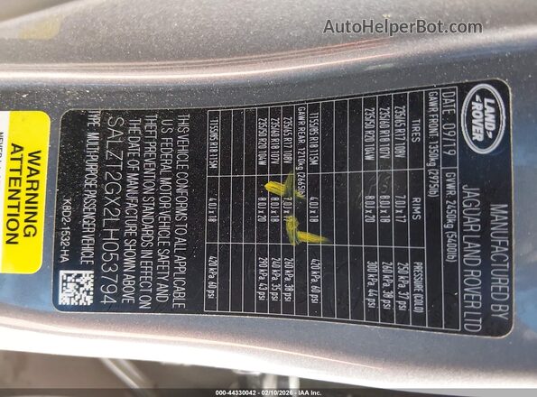 SALZT2GX2LH053794 2020 LAND ROVER RANGE ROVER EVOQUE Gray ძრავის განყოფილების ხედი