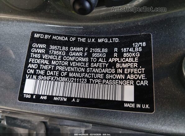 SHHFK7H38KU211123 2019 HONDA CIVIC Gray Vista del compartimento del motor