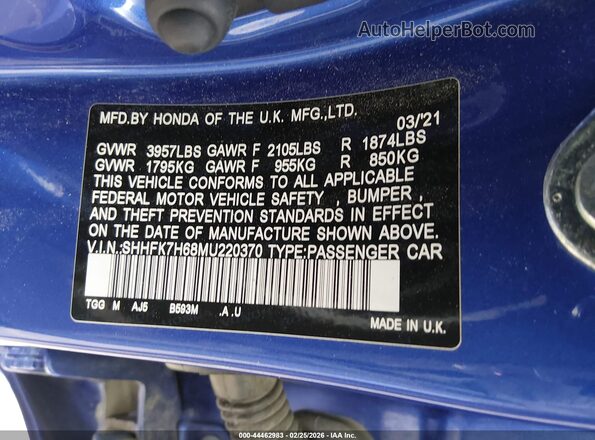 SHHFK7H68MU220370 2021 HONDA CIVIC Blue 