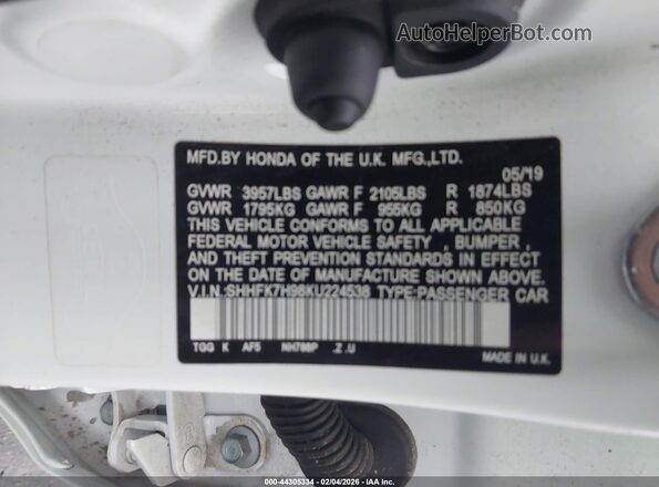 SHHFK7H98KU224538 2019 HONDA CIVIC Белый Вид подкапотного пространства