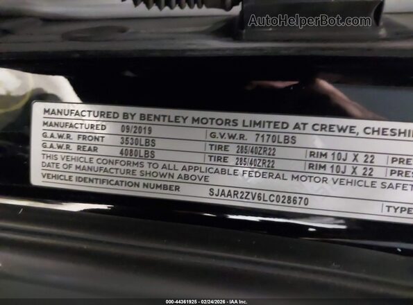 SJAAR2ZV6LC028670 2020 BENTLEY BENTAYGA Black ძრავის განყოფილების ხედი