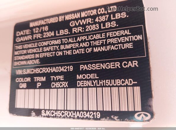 SJKCH5CRXHA034219 2017 INFINITI QX30 White Widok komory silnika