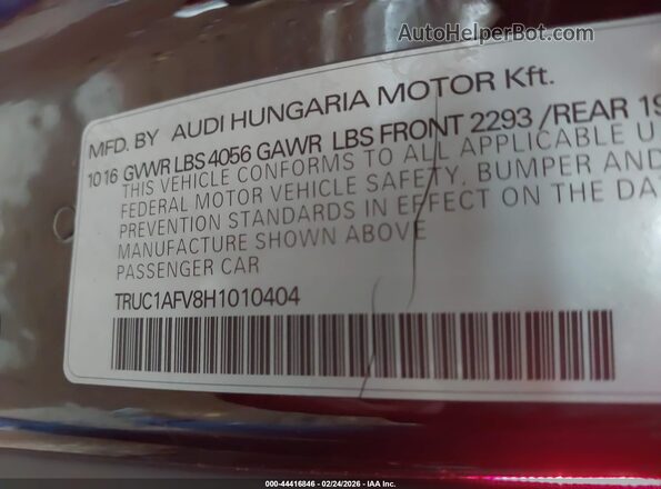 TRUC1AFV8H1010404 2017 AUDI TT Black Engine compartment view