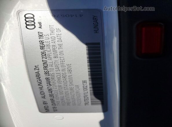 TRUTECFV1L1002136 2020 AUDI TT White ძრავის განყოფილების ხედი