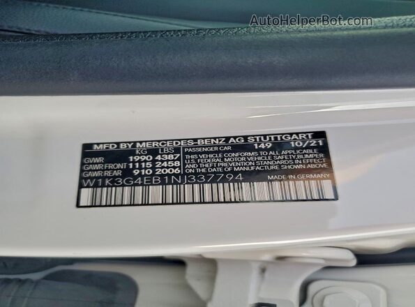 W1K3G4EB1NJ337794 2022 MERCEDES-BENZ A White Vista de la etiqueta del VIN
