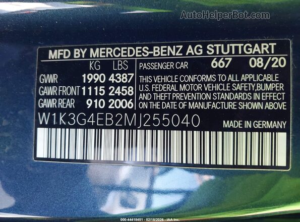 W1K3G4EB2MJ255040 2021 MERCEDES-BENZ A 220 Dark Blue Вид подкапотного пространства