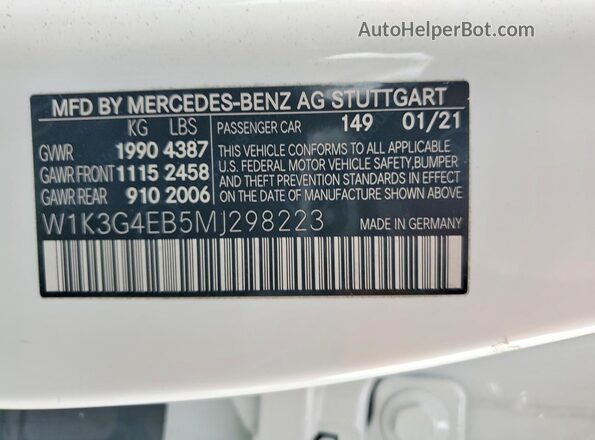 W1K3G4EB5MJ298223 2021 MERCEDES-BENZ A White 