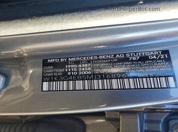 W1K3G4EB5MJ316896 2021 MERCEDES-BENZ A Gray Vista del compartimento del motor
