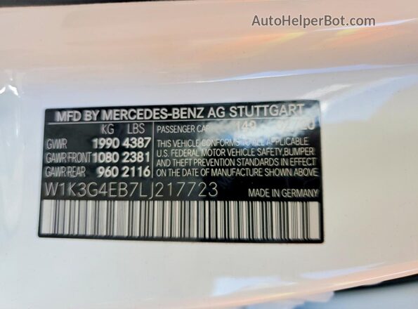 W1K3G4EB7LJ217723 2020 MERCEDES-BENZ A White VIN კოდის სტიკერის ხედი