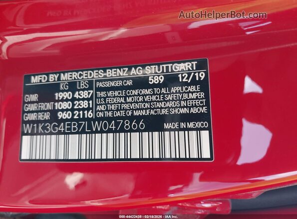 W1K3G4EB7LW047866 2020 MERCEDES-BENZ A 220 Красный 