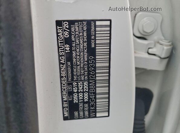W1K3G4FB8MJ269359 2021 MERCEDES-BENZ A White Շարժիչի բաժամունքի տեսք
