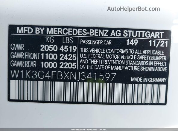 W1K3G4FBXNJ341597 2022 MERCEDES-BENZ A 220 White 