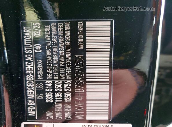 W1KAF4HB7SR279354 2025 MERCEDES-BENZ C Black Вид наклейки з VIN-кодом