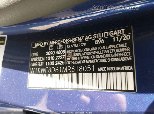 W1KWF8DB1MR618051 2021 MERCEDES-BENZ C-CLASS Синий 