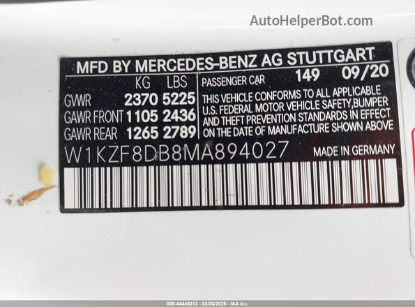 W1KZF8DB8MA894027 2021 MERCEDES-BENZ E-CLASS White 