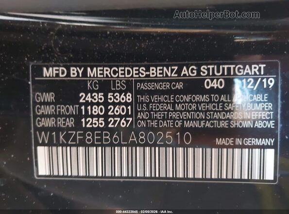 W1KZF8EB6LA802510 2020 MERCEDES-BENZ E-CLASS Черный 