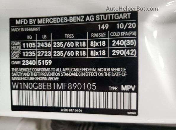 W1N0G8EB1MF890105 2021 MERCEDES-BENZ GLC-CLASS White VIN կոդի պիտակի տեսք