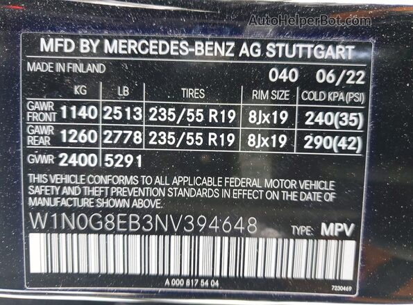 W1N0G8EB3NV394648 2022 MERCEDES-BENZ GLC-CLASS Black VIN sticker view