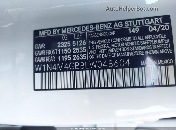 W1N4M4GB8LW048604 2020 MERCEDES-BENZ GLB-CLASS White Շարժիչի բաժամունքի տեսք