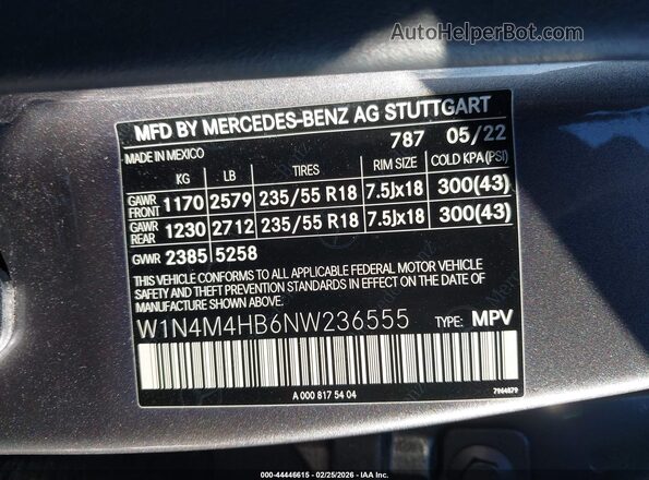 W1N4M4HB6NW236555 2022 MERCEDES-BENZ GLB-CLASS Gray Вид підкапотного простору