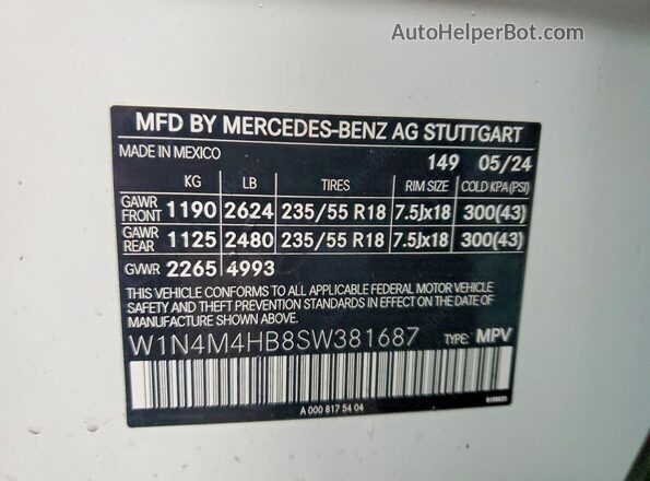 W1N4M4HB8SW381687 2025 MERCEDES-BENZ GLB-CLASS Белый Вид наклейки с VIN-кодом