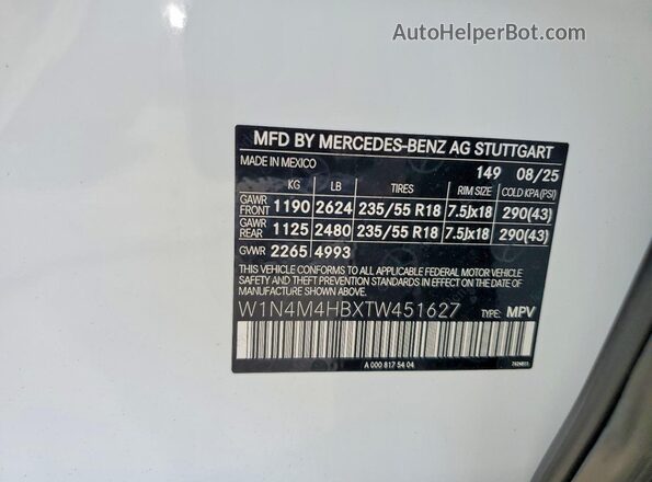 W1N4M4HBXTW451627 2026 MERCEDES-BENZ GLB-CLASS White VIN կոդի պիտակի տեսք
